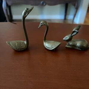 Vintage Set of 3 Solid Brass Figurines Two Swans and One Sitting Rabbit Easter